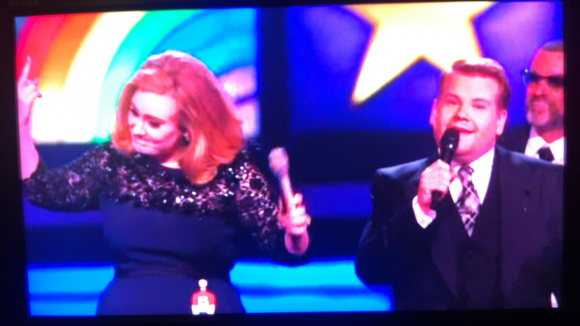 Adele, James Corden and George Michael at the Brit Awards 2012